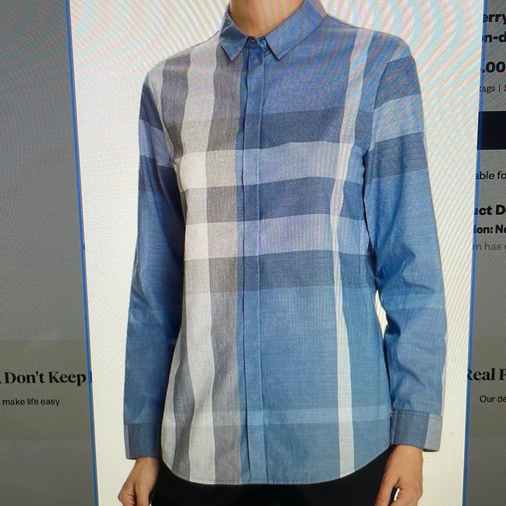 Burberry Canvas Blue Cotton Check Shirt Button Down Sz Medium